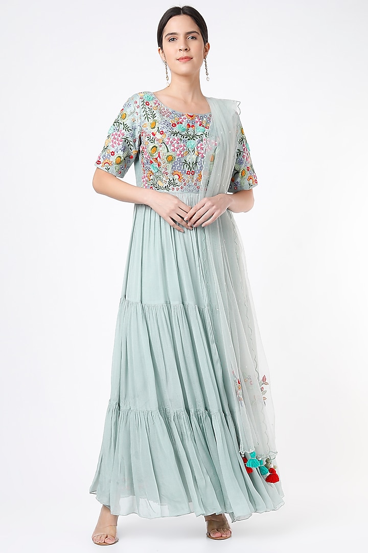 Turquoise Embroidered Anarkali Set by Label Sonia Bansal