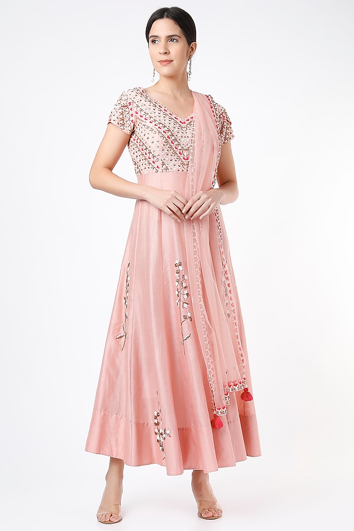 Blush Pink Hand Embroidered Anarkali Set by Label Sonia Bansal