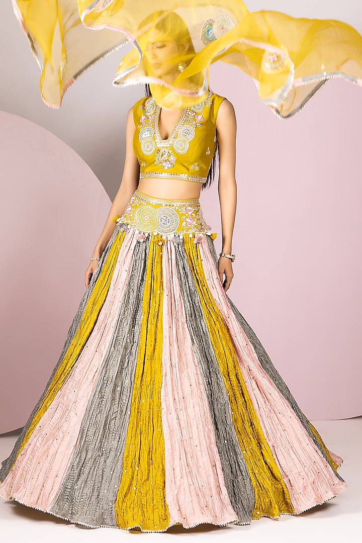 Multi-Colored Chanderi Silk Hand Embroidered Lehenga Set by Label Sonia Bansal