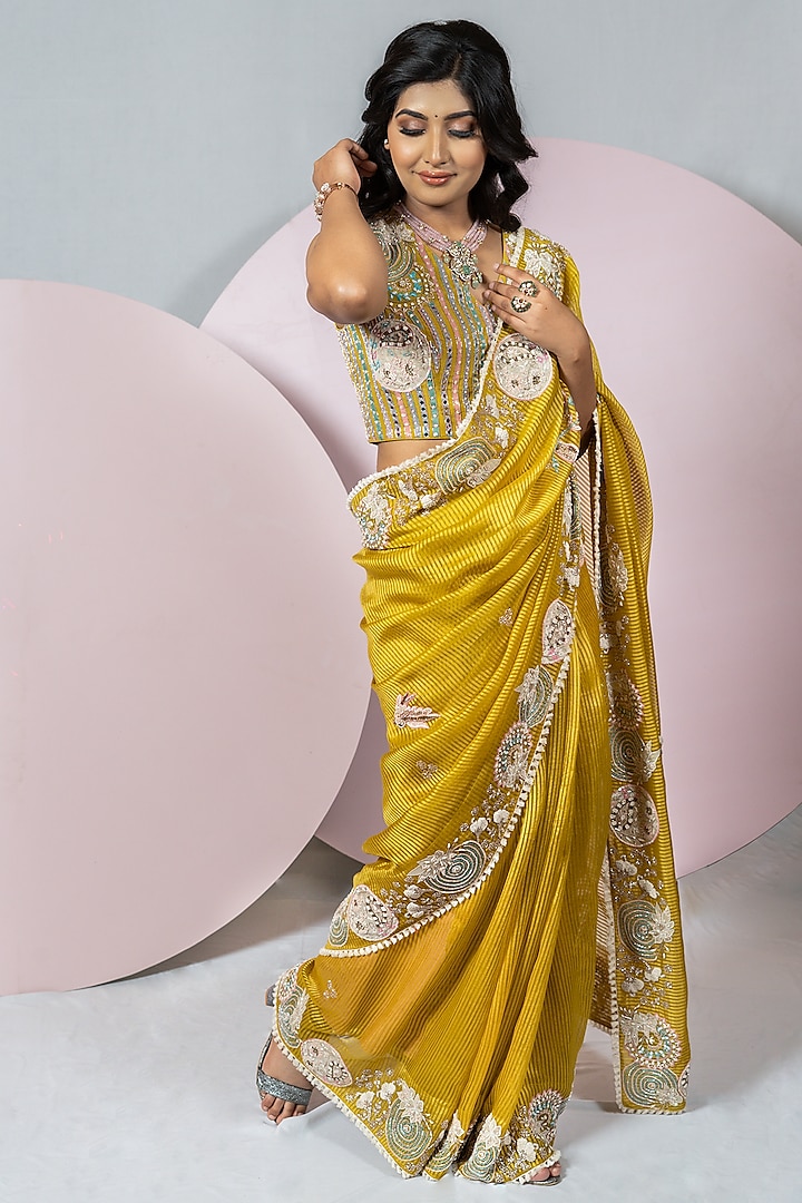 Ochre Yellow Organza Stripe Hand Embroidered Saree Set by Label Sonia Bansal