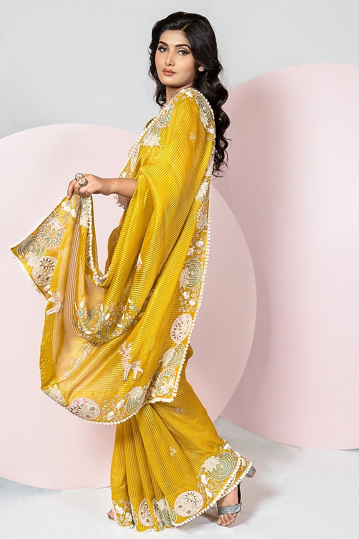Ochre Yellow Organza Stripe Hand Embroidered Reception Saree Set by Label Sonia Bansal at Pernia's Pop Up Shop