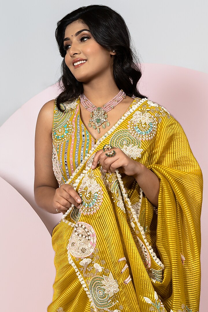 Ochre Yellow Organza Stripe Hand Embroidered Reception Saree Set by Label Sonia Bansal at Pernia's Pop Up Shop