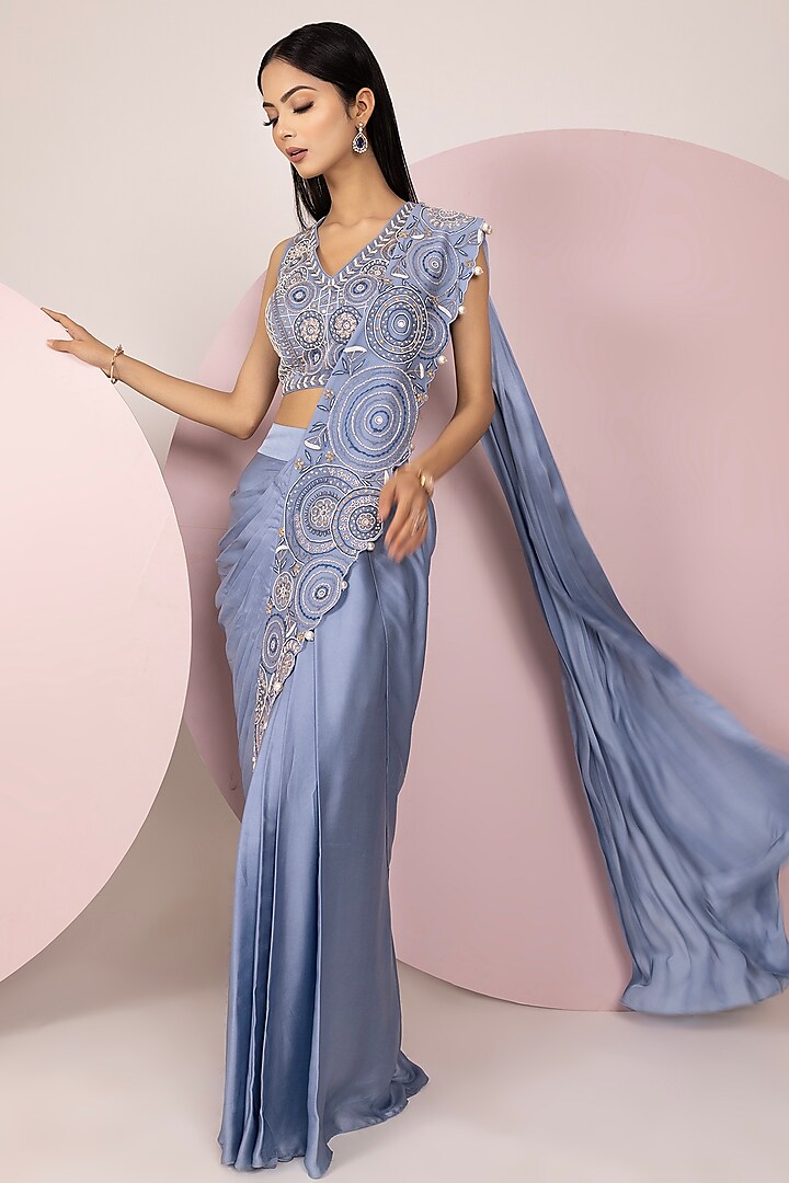 Light Blue Satin Georgette Hand Embroidered Draped Saree Set by Label Sonia Bansal