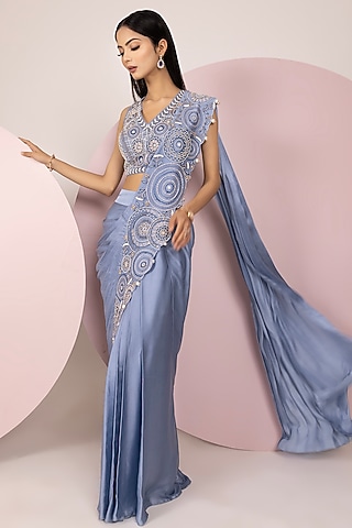 Light Blue Satin Georgette Hand Embroidered Draped Saree Set by Label Sonia Bansal