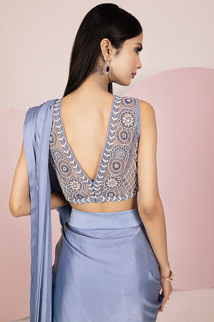 Light Blue Satin Georgette Hand Embroidered Draped Wedding Saree Set by Label Sonia Bansal at Pernia's Pop Up Shop