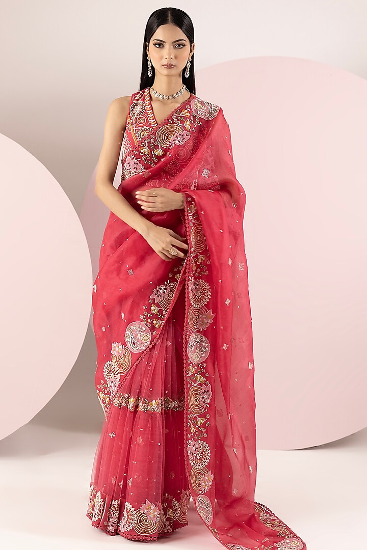 Cherry Red Organza & Net Hand Embroidered Saree Set by Label Sonia Bansal