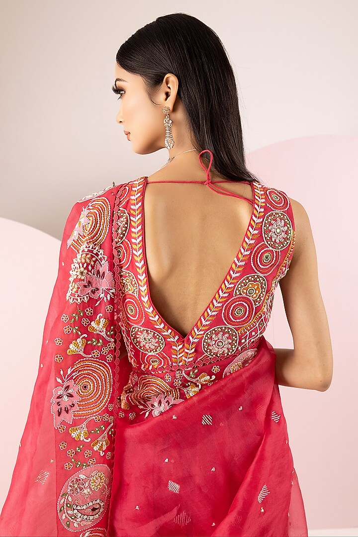 Cherry Red Organza & Net Hand Embroidered Reception Saree Set by Label Sonia Bansal at Pernia's Pop Up Shop