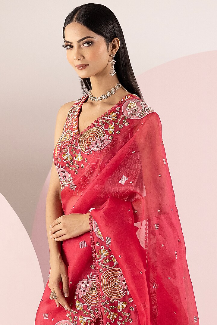 Cherry Red Organza & Net Hand Embroidered Reception Saree Set by Label Sonia Bansal at Pernia's Pop Up Shop