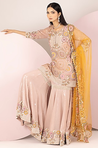 Beige Net & Sequins Georgette Sharara Set by Label Sonia Bansal