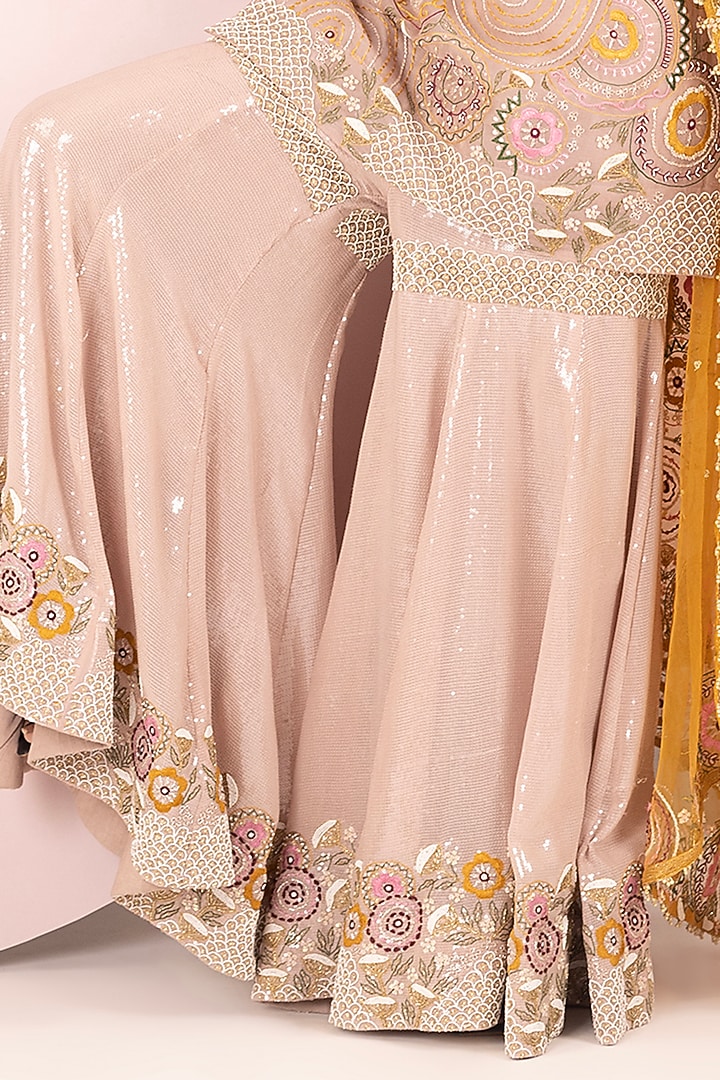 Beige Net & Sequins Georgette Bridal Sharara Set by Label Sonia Bansal at Pernia's Pop Up Shop