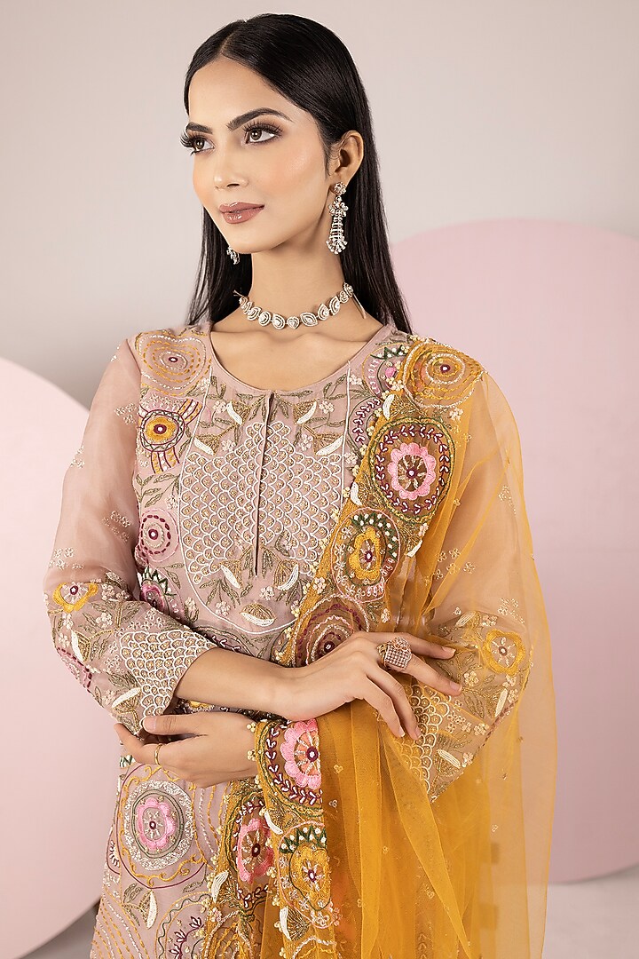 Beige Net & Sequins Georgette Bridal Sharara Set by Label Sonia Bansal at Pernia's Pop Up Shop