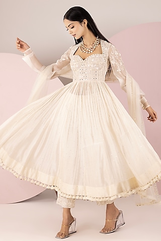 White Net & Mukesh Chanderi Silk Hand Embroidered Anarkali Set by Label Sonia Bansal