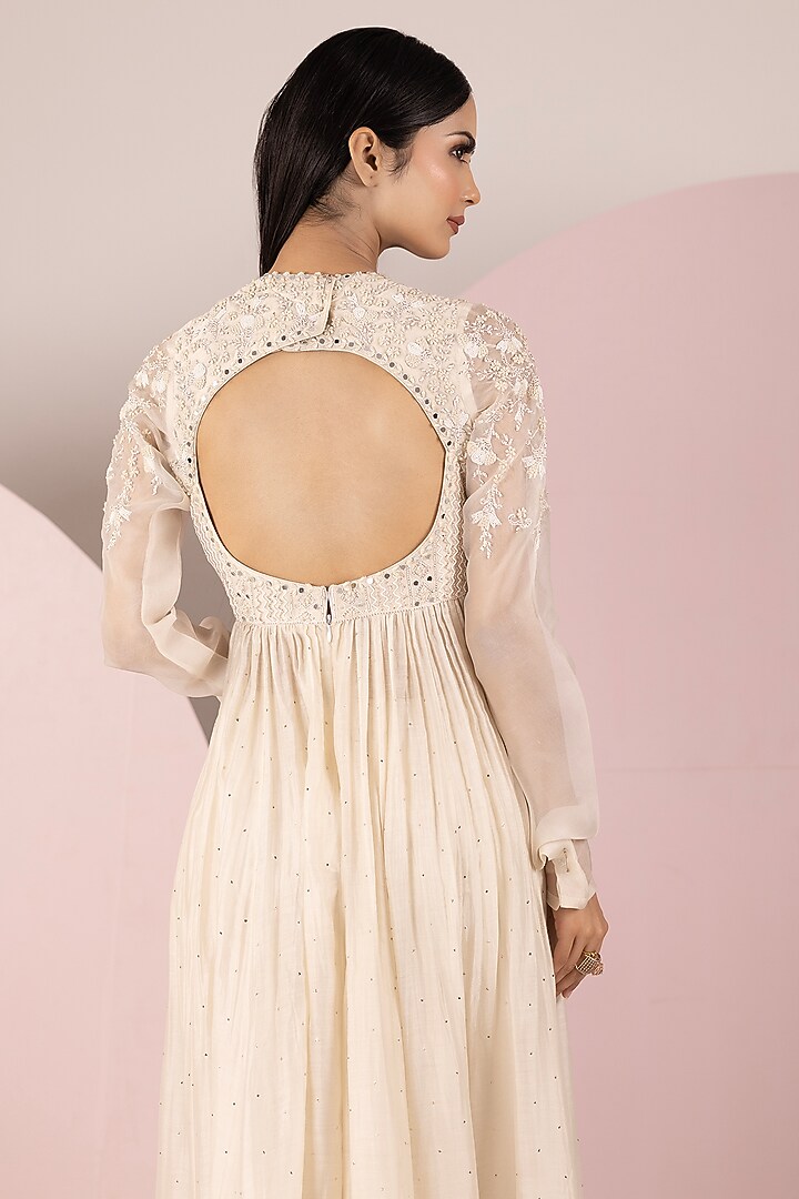 White Net & Mukesh Chanderi Silk Hand Embroidered Wedding Anarkali Set by Label Sonia Bansal at Pernia's Pop Up Shop