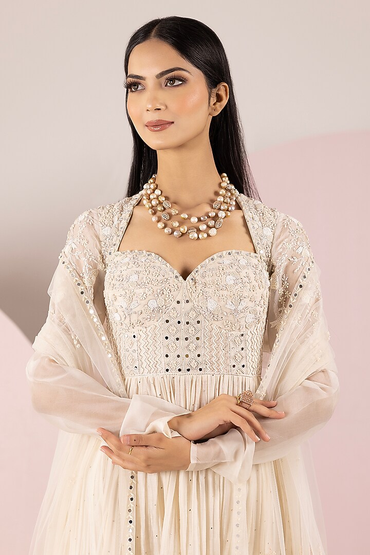 White Net & Mukesh Chanderi Silk Hand Embroidered Wedding Anarkali Set by Label Sonia Bansal at Pernia's Pop Up Shop