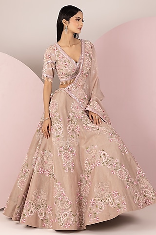 Pastel Pink Organza Hand Embroidered Lehenga Set by Label Sonia Bansal