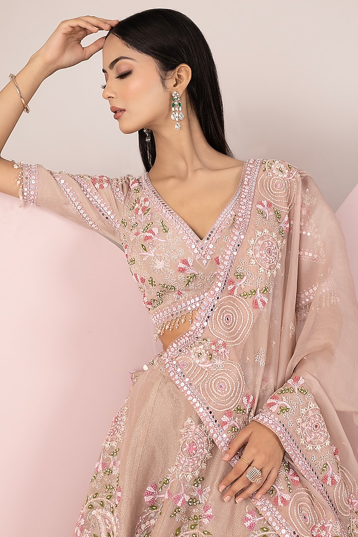 Pastel Pink Organza Hand Embroidered Bridal Lehenga Set by Label Sonia Bansal at Pernia's Pop Up Shop