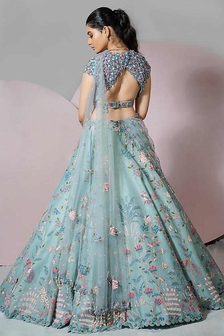 Pastel Blue Net & Organza Hand Embroidered Bridal Lehenga Set by Label Sonia Bansal at Pernia's Pop Up Shop
