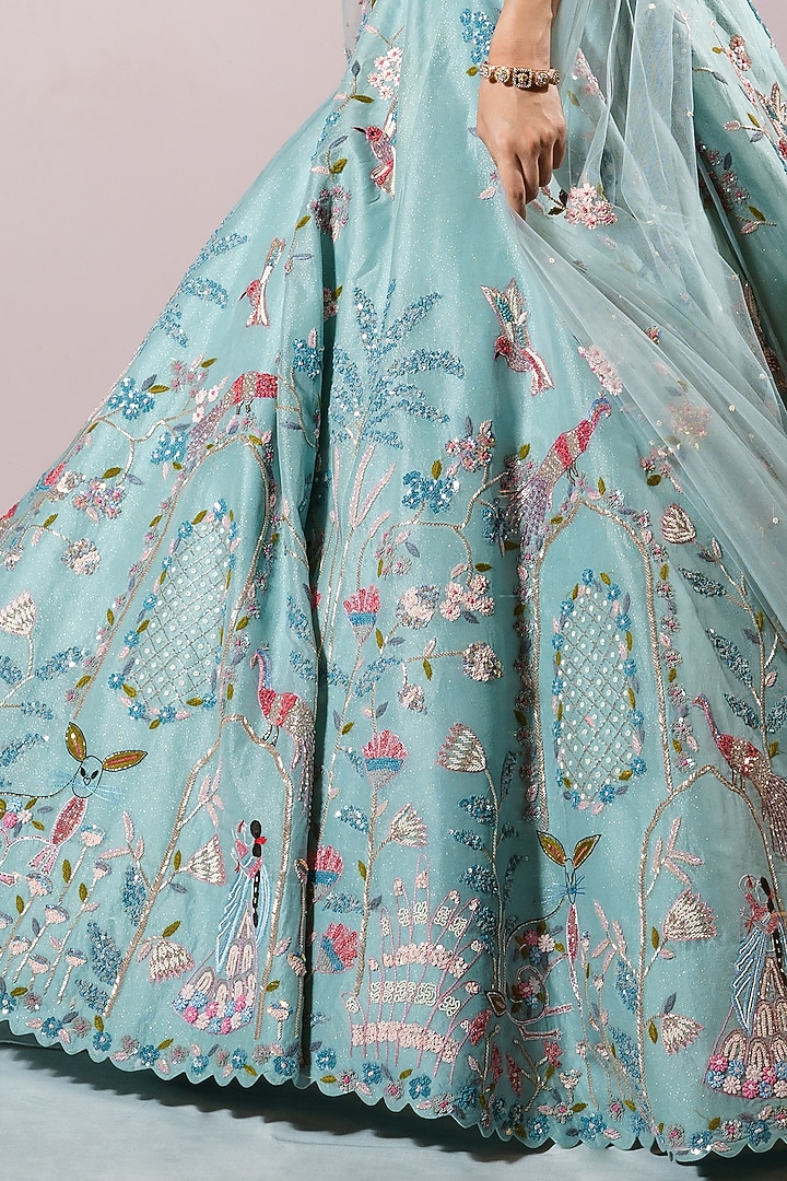 Pastel Blue Net & Organza Hand Embroidered Bridal Lehenga Set by Label Sonia Bansal at Pernia's Pop Up Shop