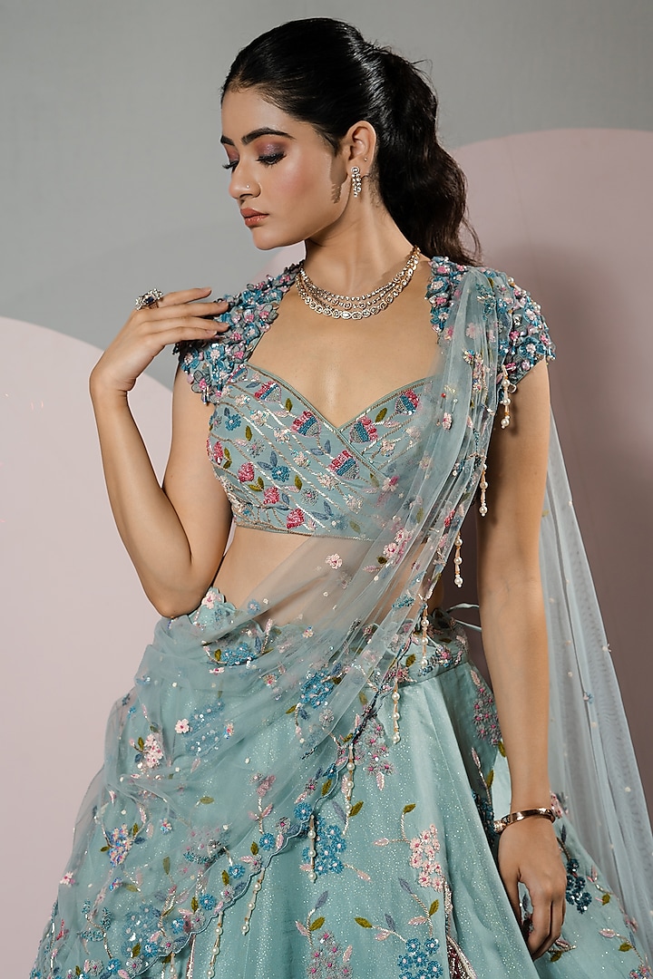 Pastel Blue Net & Organza Hand Embroidered Bridal Lehenga Set by Label Sonia Bansal at Pernia's Pop Up Shop