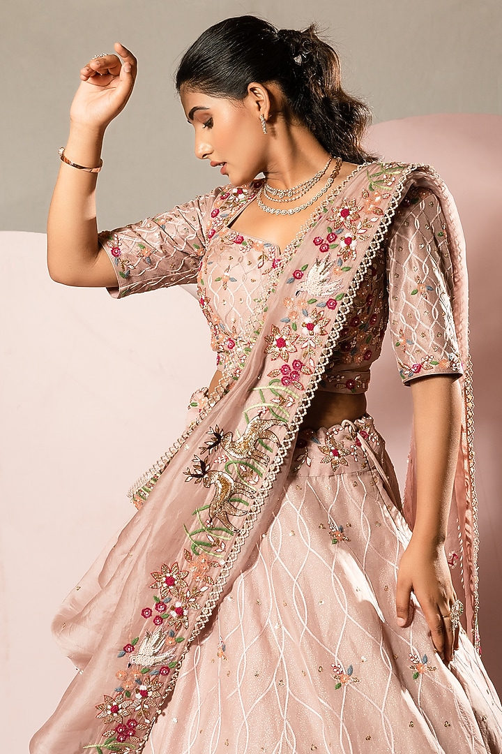 Pastel Pink Organza Hand Embroidered Bridal Lehenga Set by Label Sonia Bansal at Pernia's Pop Up Shop