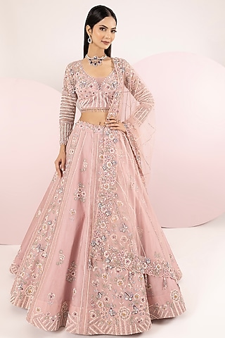 Pastel Pink Organza Hand Embroidered Lehenga Set by Label Sonia Bansal