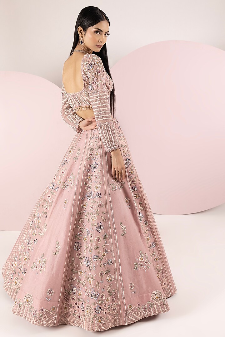 Pastel Pink Organza Hand Embroidered Bridal Lehenga Set by Label Sonia Bansal at Pernia's Pop Up Shop