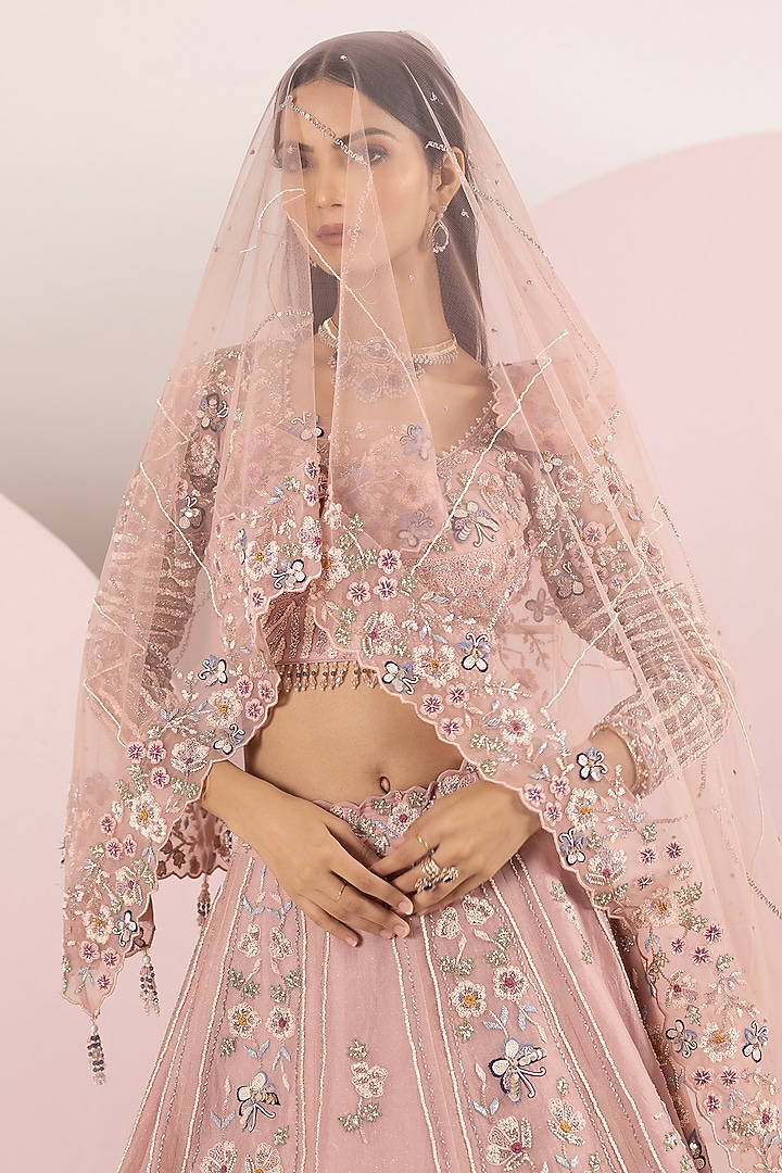 Pastel Pink Organza Hand Embroidered Bridal Lehenga Set by Label Sonia Bansal at Pernia's Pop Up Shop