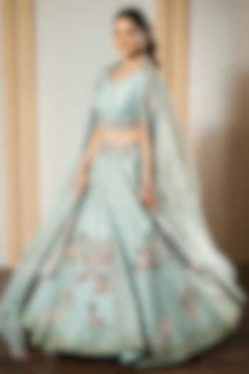 Sky Blue Organza Hand Embroidered Lehenga Set by Label Sonia Bansal