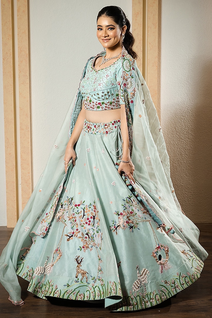 Sky Blue Organza Hand Embroidered Lehenga Set by Label Sonia Bansal