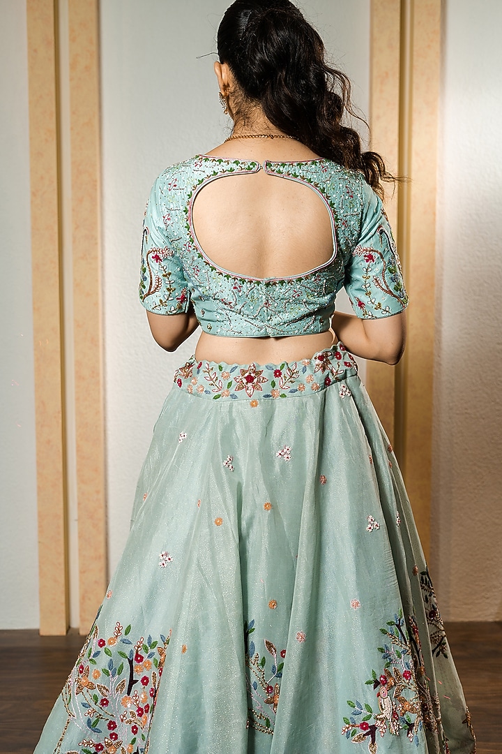 Sky Blue Organza Hand Embroidered Bridal Lehenga Set by Label Sonia Bansal at Pernia's Pop Up Shop
