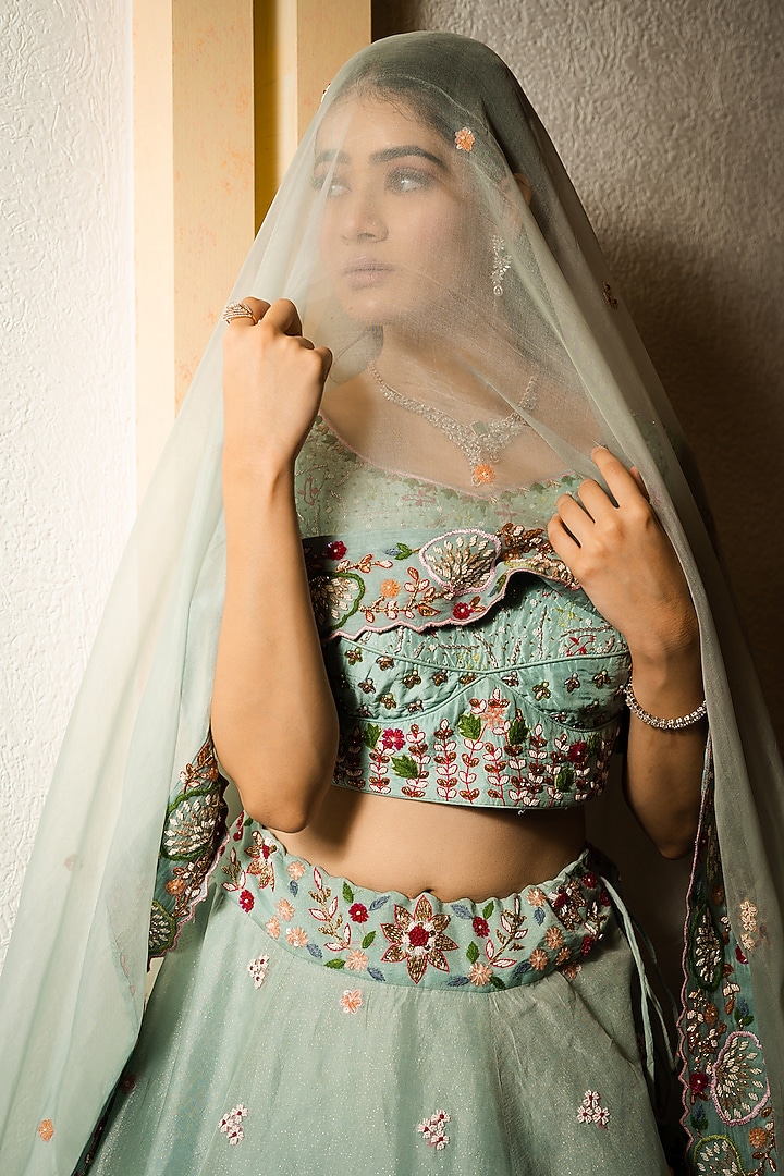 Sky Blue Organza Hand Embroidered Bridal Lehenga Set by Label Sonia Bansal at Pernia's Pop Up Shop