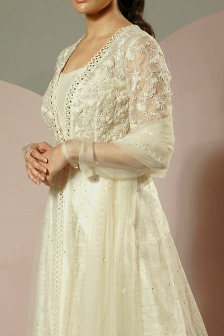 White Chanderi Hand Embroidered Wedding Anarkali Set by Label Sonia Bansal at Pernia's Pop Up Shop