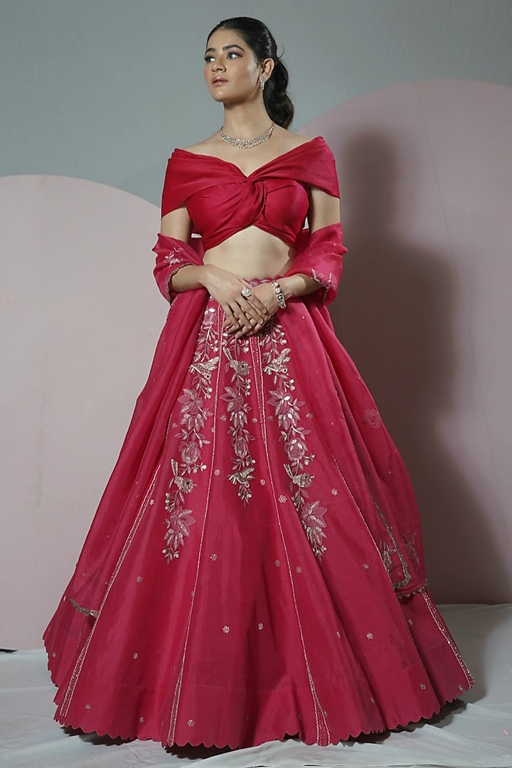 Cherry Red Organza Hand Embroidered Lehenga Set by Label Sonia Bansal