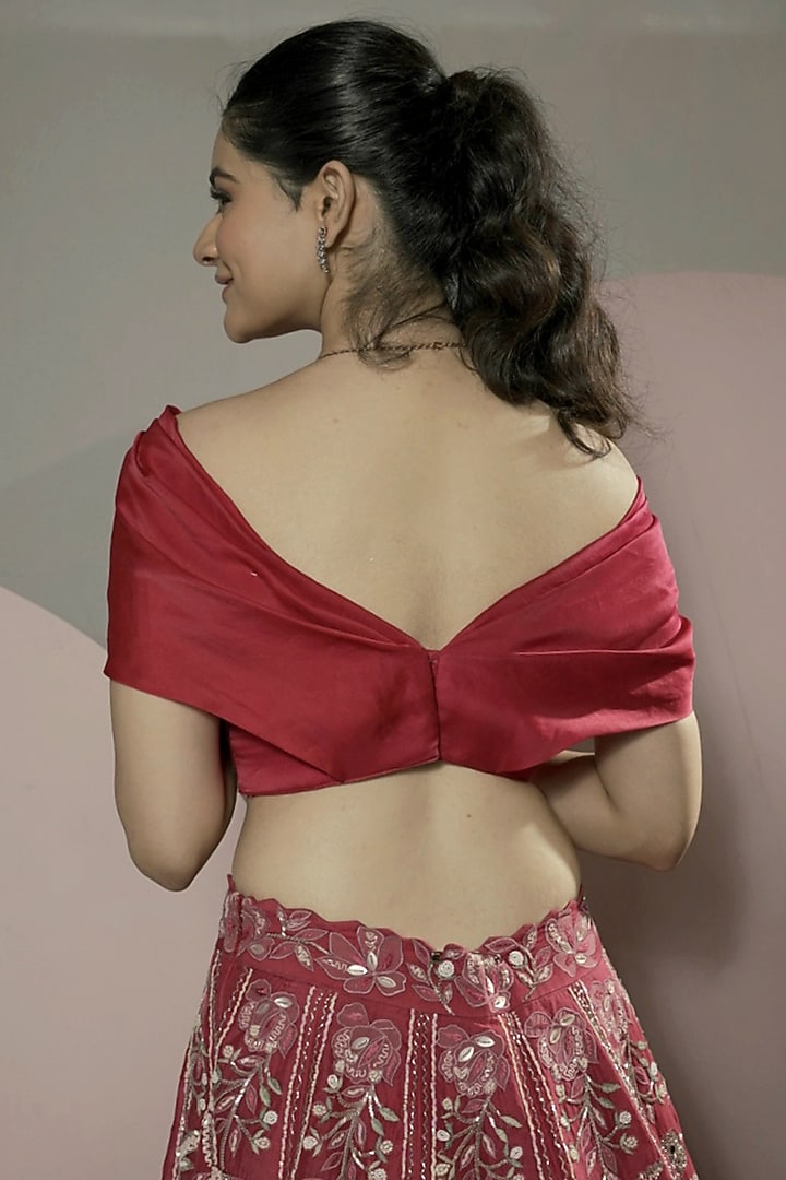 Cherry Red Organza Hand Embroidered Wedding Lehenga Set by Label Sonia Bansal at Pernia's Pop Up Shop