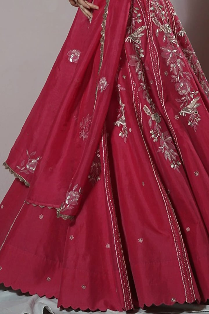 Cherry Red Organza Hand Embroidered Wedding Lehenga Set by Label Sonia Bansal at Pernia's Pop Up Shop