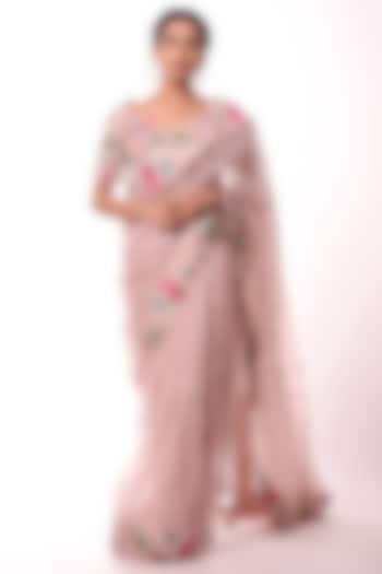 Pinkish Beige Embroidered Saree Set by Label Sonia Bansal