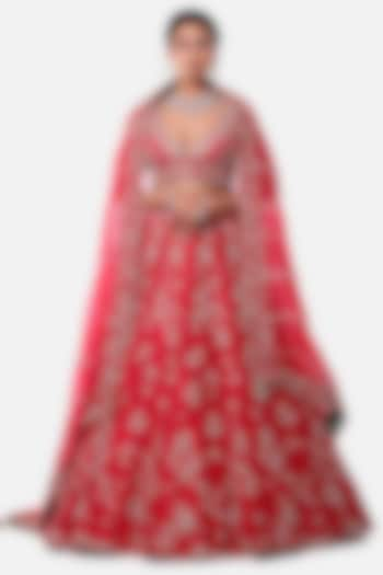 Red Carrot Embroidered Bridal Lehenga Set by Label Sonia Bansal at Pernia's Pop Up Shop