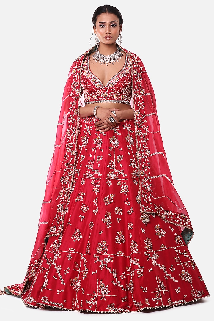 Red Carrot Embroidered Lehenga Set by Label Sonia Bansal