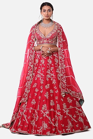 Red Carrot Embroidered Lehenga Set by Label Sonia Bansal