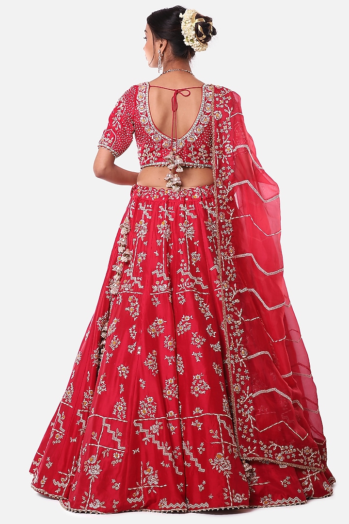 Red Carrot Embroidered Bridal Lehenga Set by Label Sonia Bansal at Pernia's Pop Up Shop