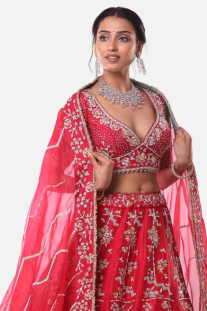 Red Carrot Embroidered Bridal Lehenga Set by Label Sonia Bansal at Pernia's Pop Up Shop
