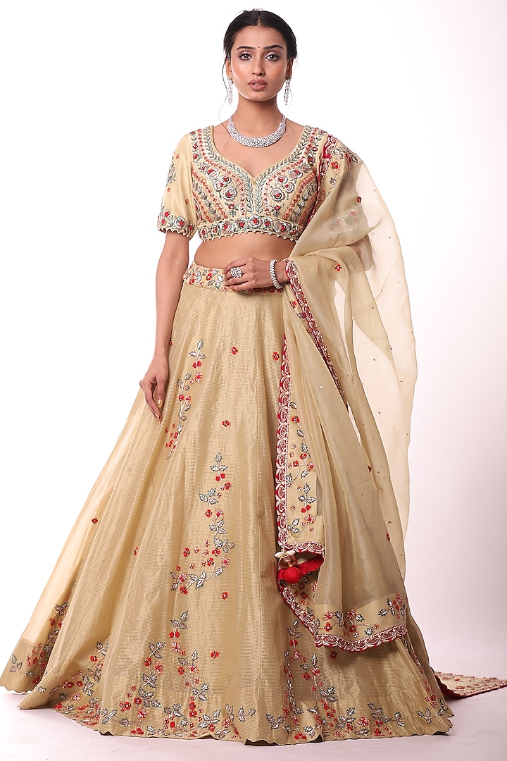 Golden Beige Embroidered Wedding Lehenga Set by Label Sonia Bansal at Pernia's Pop Up Shop