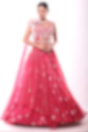 Light Cherry Red Embroidered Lehenga Set by Label Sonia Bansal