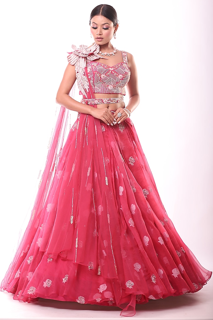 Light Cherry Red Embroidered Lehenga Set by Label Sonia Bansal
