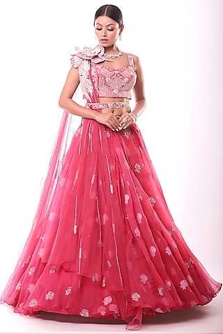 Light Cherry Red Embroidered Lehenga Set by Label Sonia Bansal