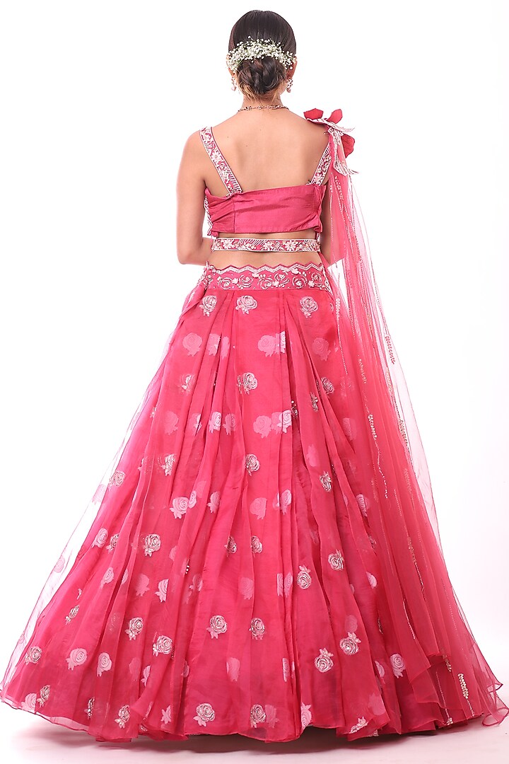 Light Cherry Red Embroidered Wedding Lehenga Set by Label Sonia Bansal at Pernia's Pop Up Shop