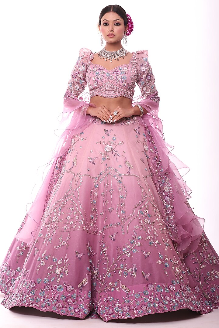 Mauve Ombre Embroidered Lehenga Set by Label Sonia Bansal