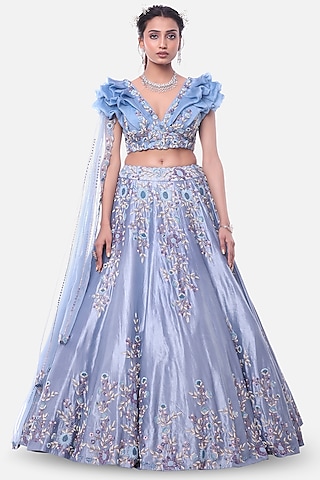 Ice Blue Embroidered Lehenga Set by Label Sonia Bansal
