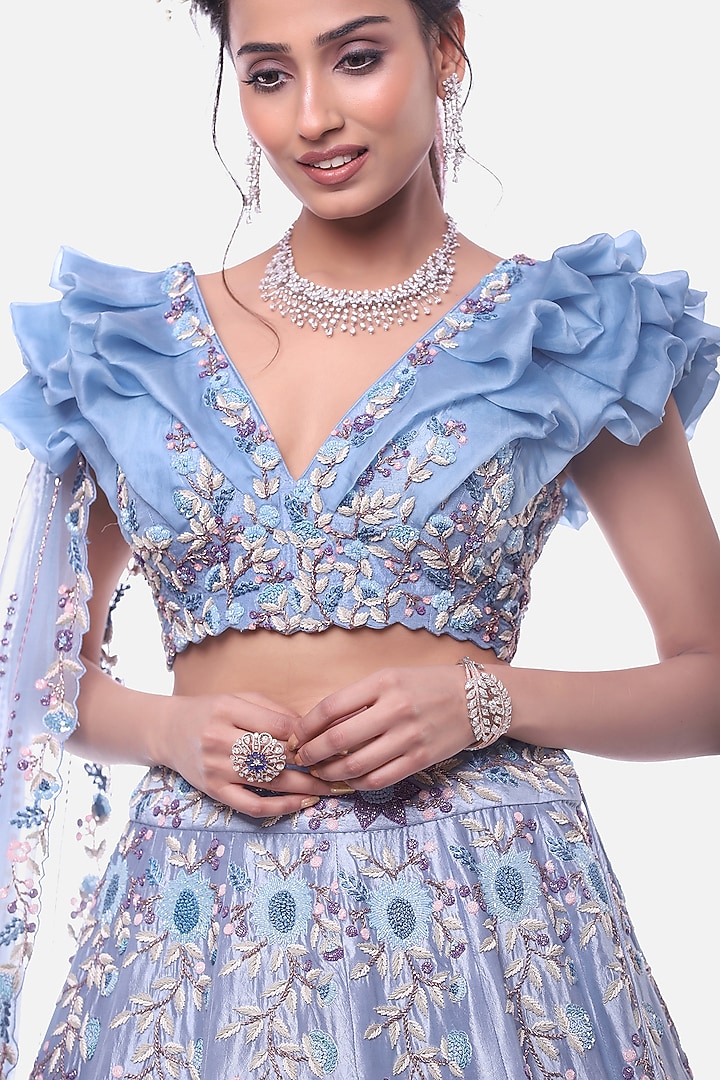 Ice Blue Embroidered Bridal Lehenga Set by Label Sonia Bansal at Pernia's Pop Up Shop