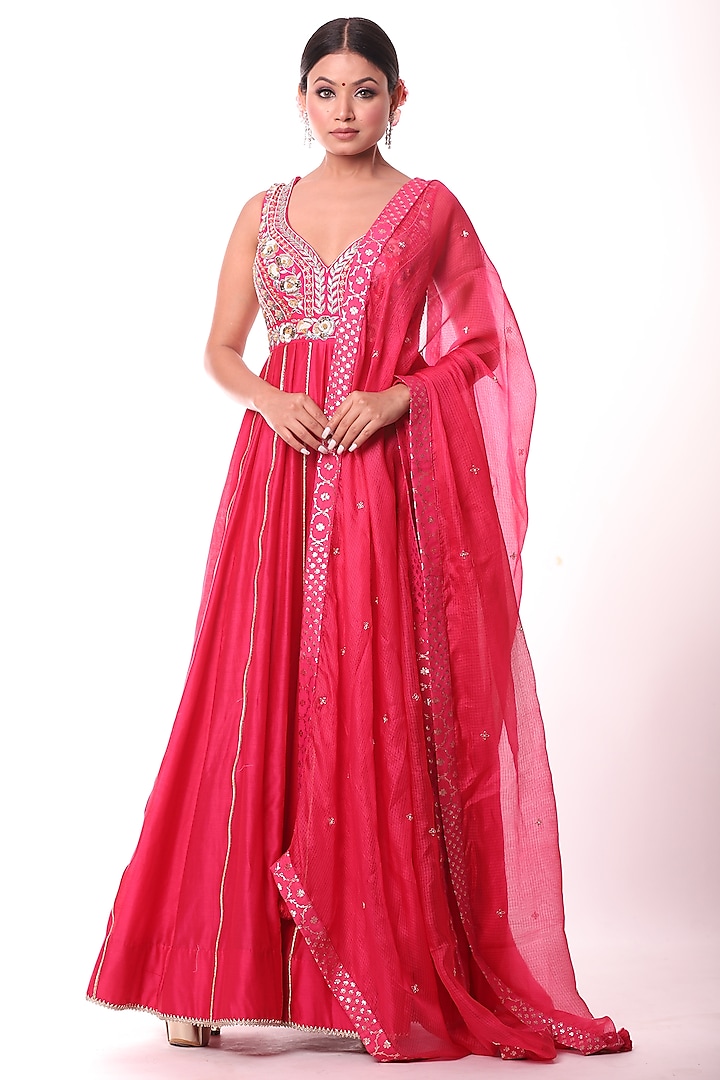 Bright Cherry Red Embroidered Anarkali Set by Label Sonia Bansal
